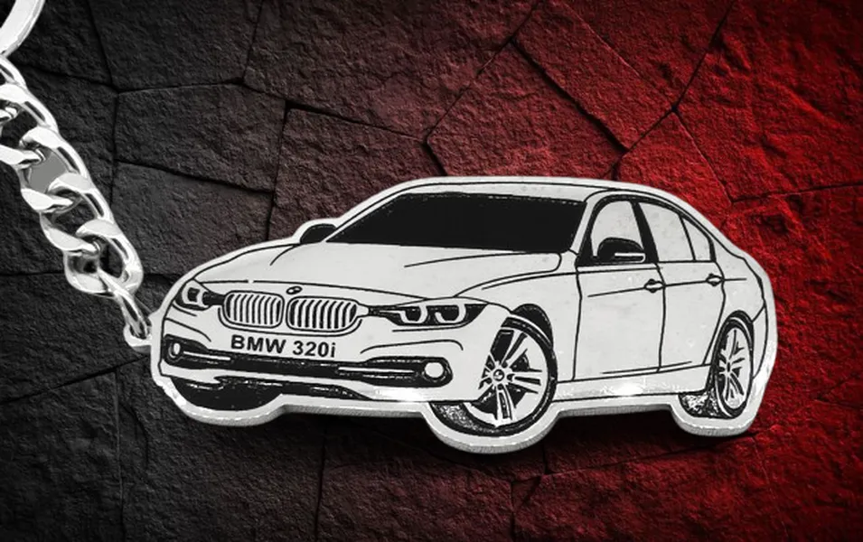 Сребрист метален ключодържател със силует на BMW 320i от медицинска стомана близък план