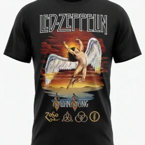 Предна част на черна тениска Led Zeppelin Swan Song с графично изображение на ангел.