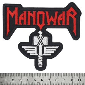 Manowar Hammer of the GodsБродирана нашивка Manowar с червено лого и бял чук на боговете за метъл елек.