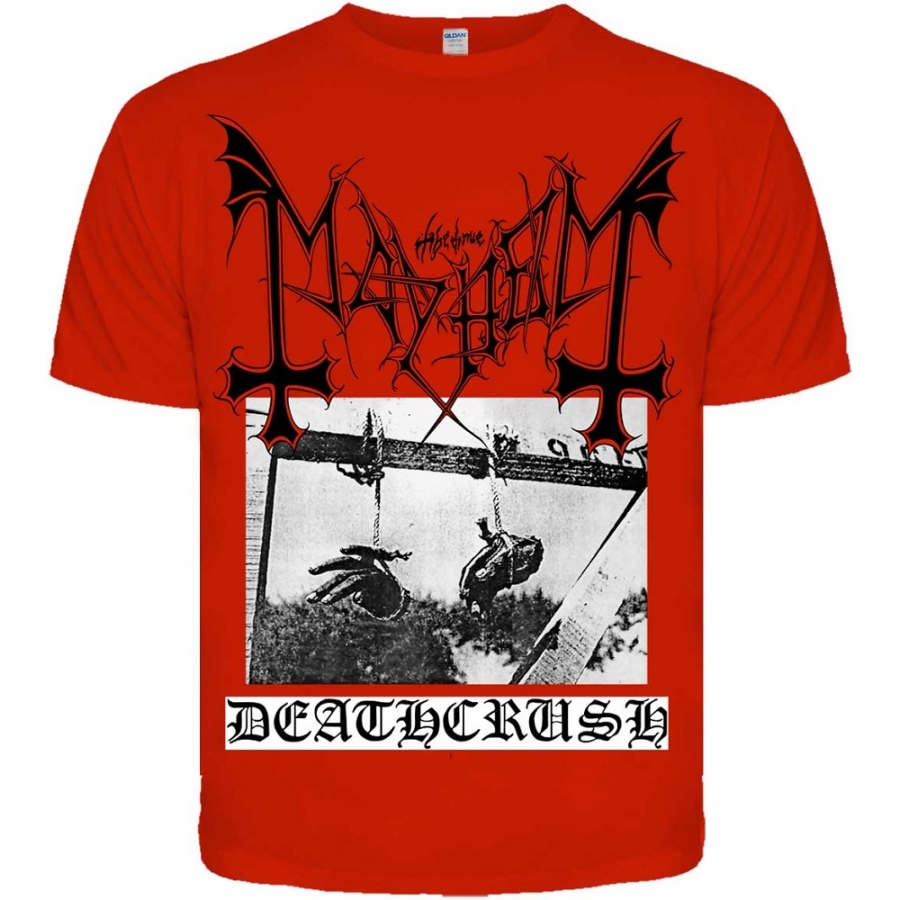 Червена метъл тениска Mayhem Deathcrush с черна щампа