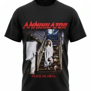 Черна метъл тениска Annihilator с дизайн от албума Alice in Hell и червено лого