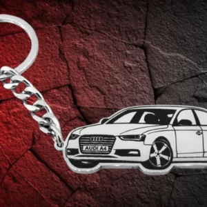 Сребрист метален ключодържател със силует на Audi A4 от медицинска стомана отпред