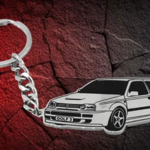 Сребрист метален ключодържател със силует на Volkswagen Golf 3 от медицинска стомана отпред