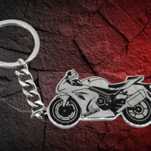 Сребрист метален ключодържател със силует на мотор Suzuki от медицинска стомана