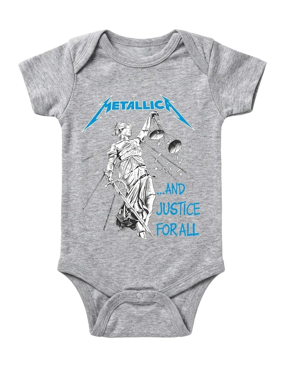 Сиво бебешко памучно боди с къс ръкав и принт на Metallica ...And Justice for All.