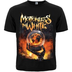 Черна метъл тениска на Motionless in White с роботизирана ръка и горящо земно кълбо