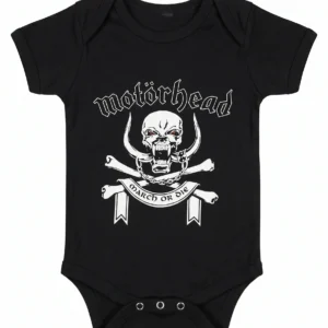 Черно бебешко памучно боди Motörhead March or Die с бял принт Snaggletooth череп