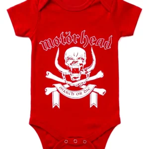 Червено бебешко боди Motörhead March or Die с бял принт на Snaggletooth