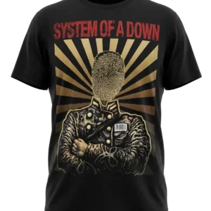 Черна музикална тениска System of a Down с дизайн на фигура с пръстов отпечатък вместо лице