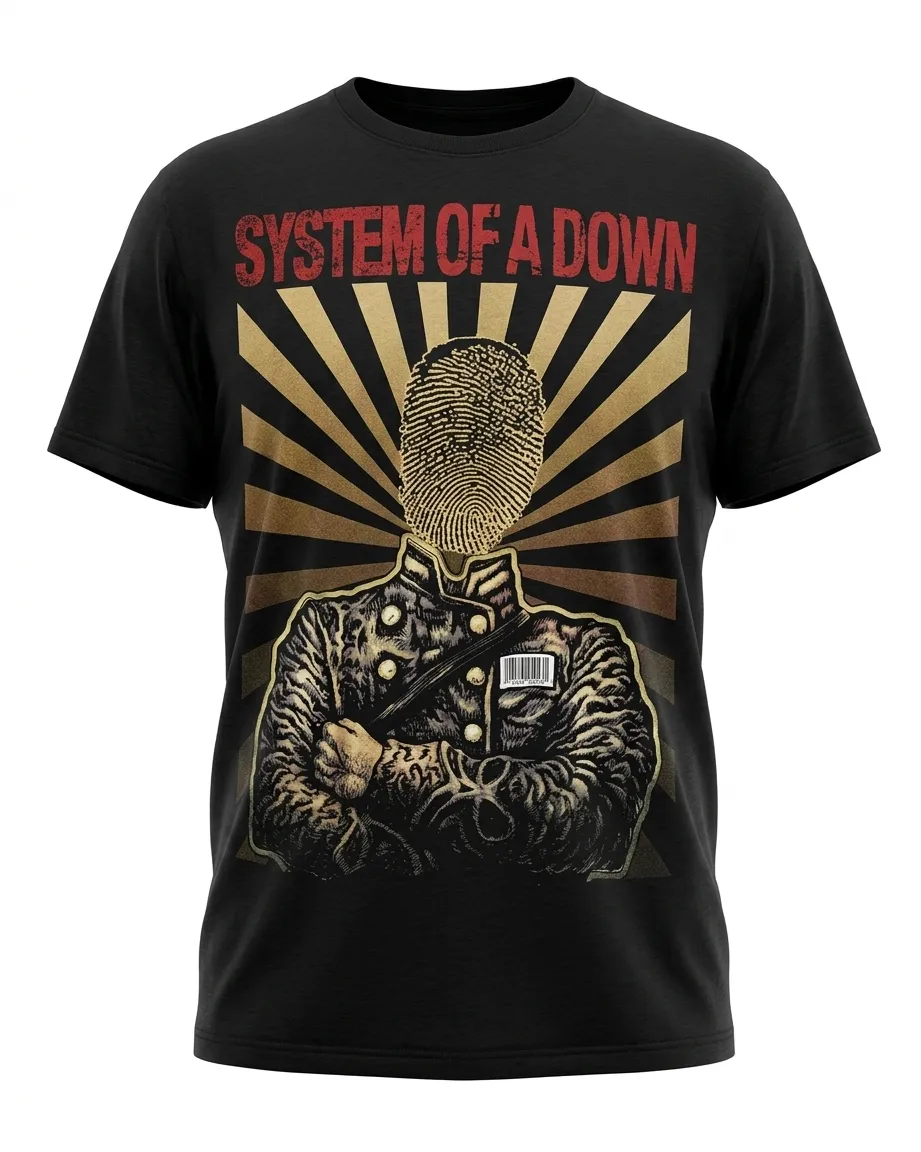 Черна музикална тениска System of a Down с дизайн на фигура с пръстов отпечатък вместо лице