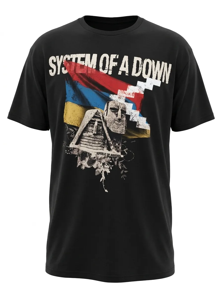 Черна тениска System of a Down с арт принт, изобразяващ знамето на Армения, моаи статуи и флорални елементи.