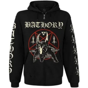 Плътен памучен суичър с качулка и цип Bathory предна част