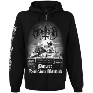 Плътен мъжки суичър Marduk Panzer Division с качулка и цип, преден изглед с танк