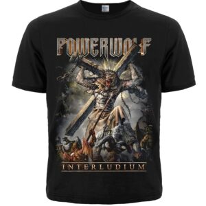 Черна метъл тениска на Powerwolf с арт на вълк на кръст от албума Interludium