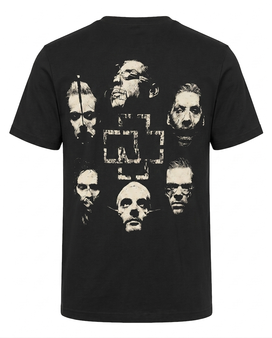Гръб на черна тениска Rammstein с логото на групата и портрети на членовете.