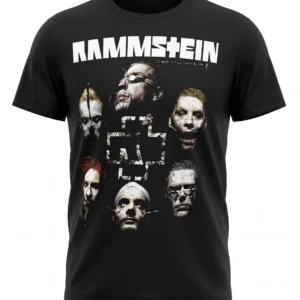 Предна част на черна тениска Rammstein с името на групата и дизайн с лицата на музикантите.