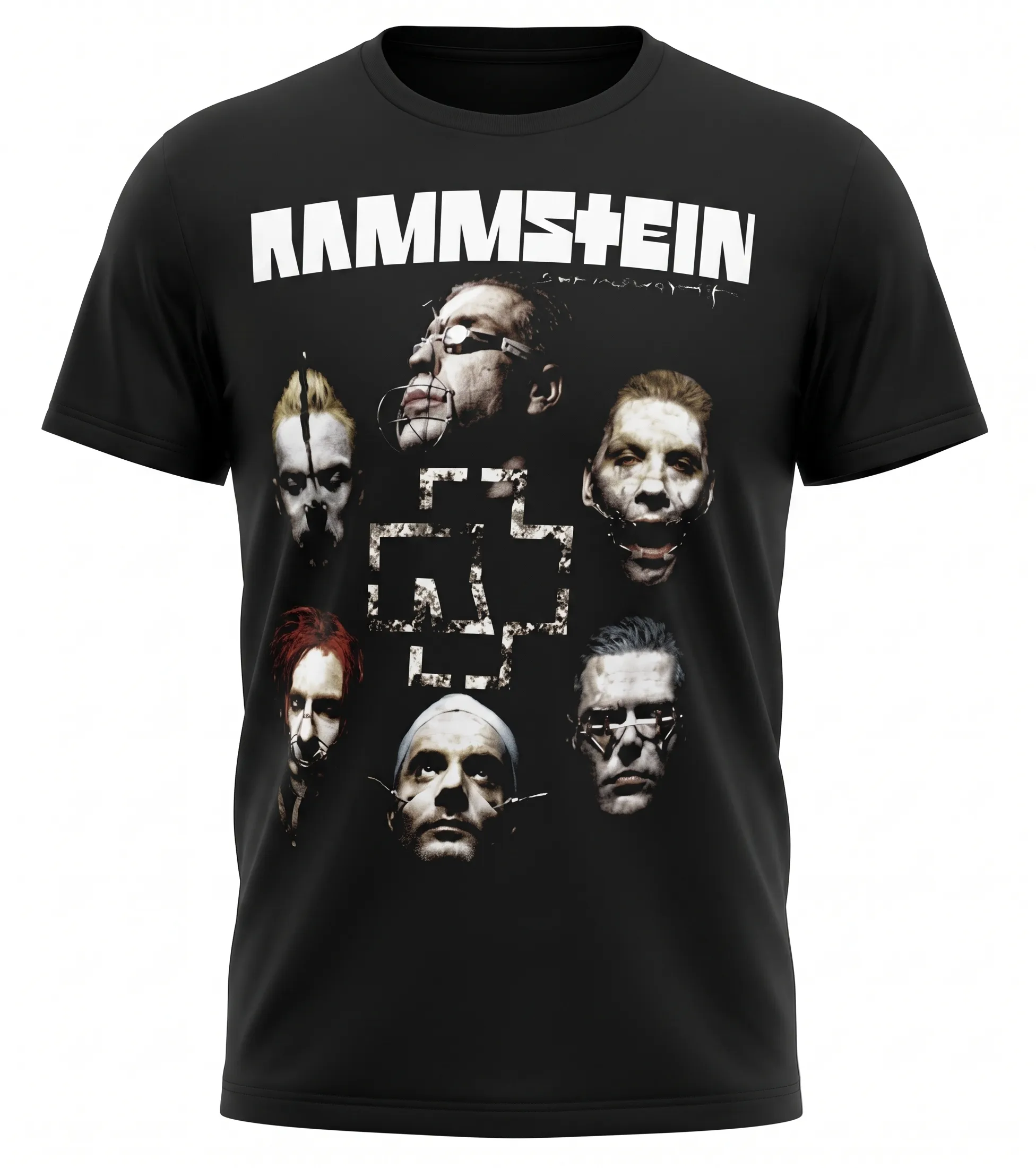 Предна част на черна тениска Rammstein с името на групата и дизайн с лицата на музикантите.