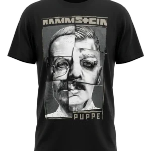 Предна част на черна тениска Rammstein Puppe с артистичен колаж от лица.