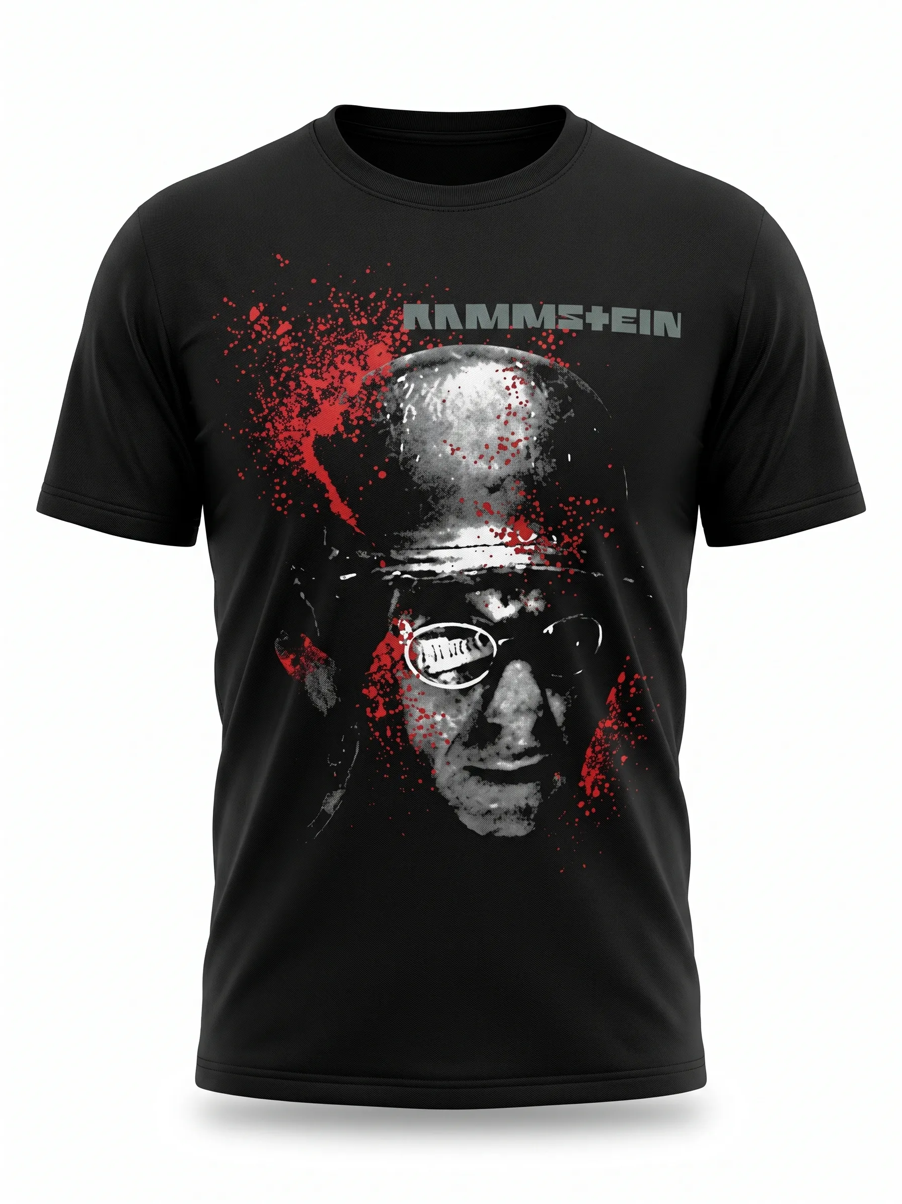 Предна част на черна тениска Rammstein с графичен дизайн на войник и кървави пръски.