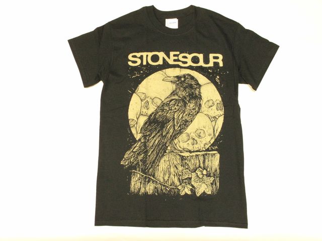Мъжка черна рок тениска Stone Sour с дизайн на гарван, черепи и луна