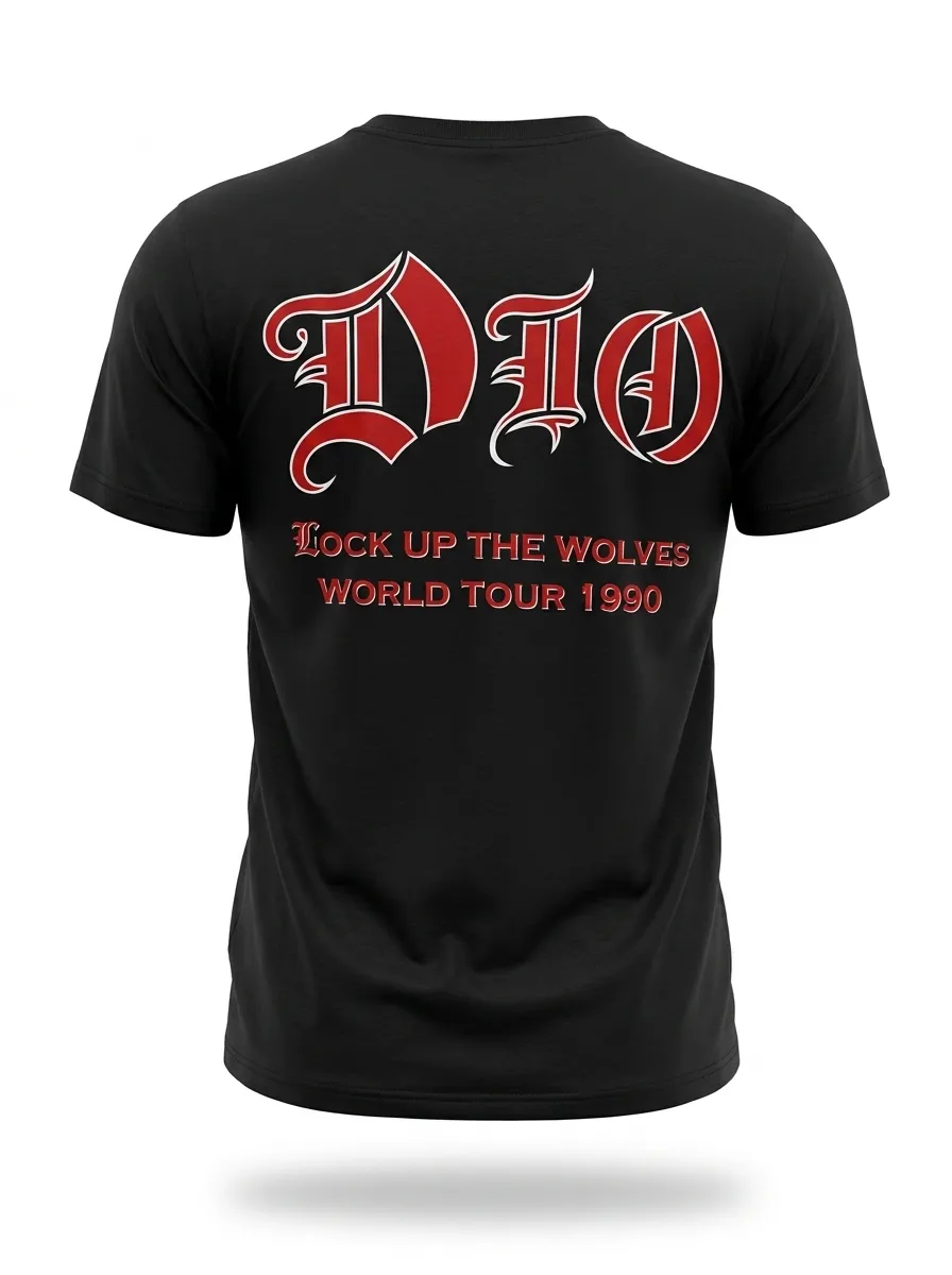 Черна тениска с логото на Dio и надпис "Lock Up The Wolves World Tour 1990" на гърба.