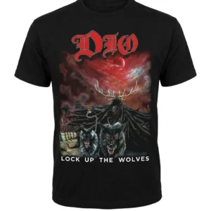 Черна тениска Dio с прин на вълци и мрачен персонаж от албума Lock Up The Wolves.
