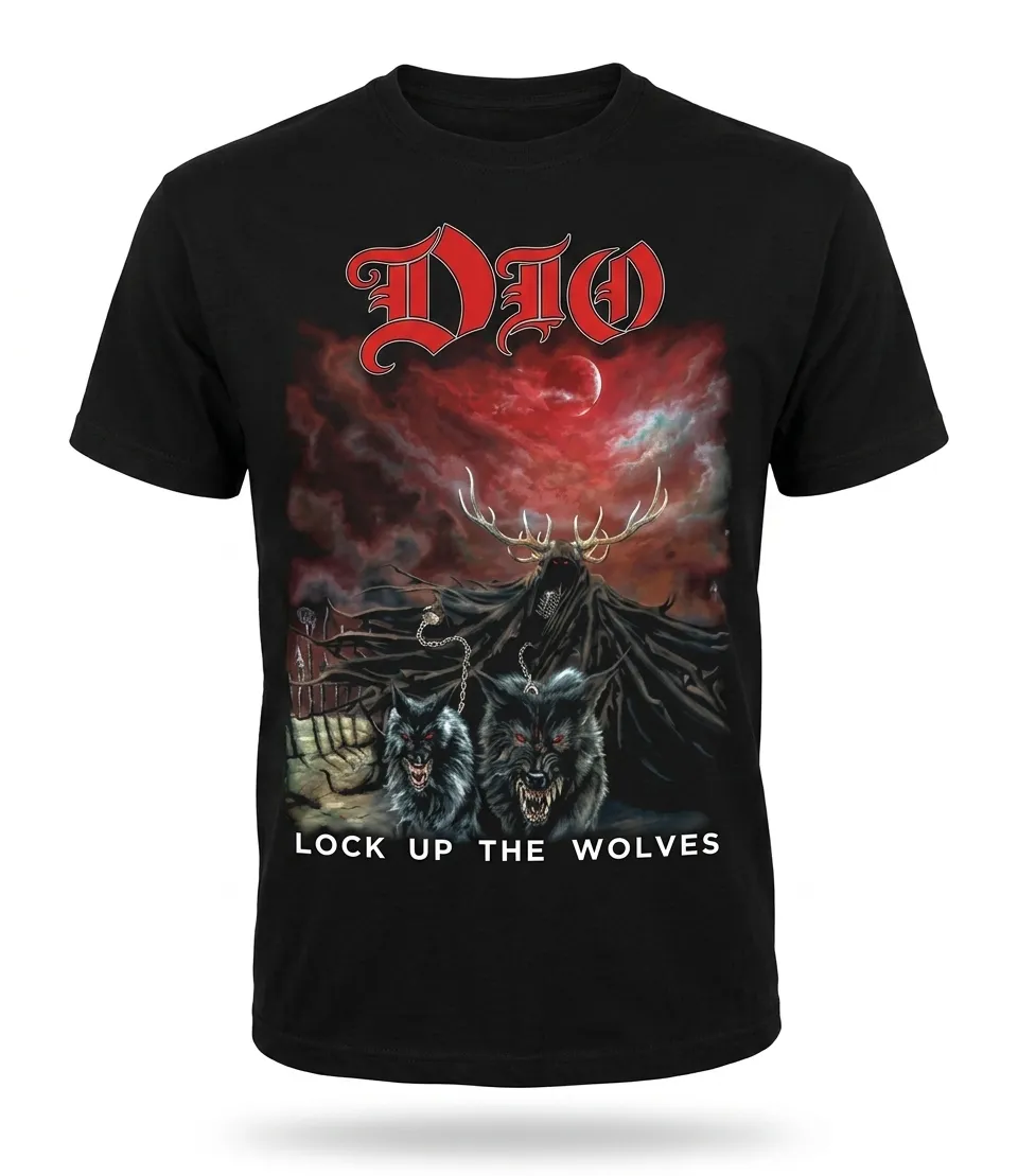 Черна тениска Dio с прин на вълци и мрачен персонаж от албума Lock Up The Wolves.