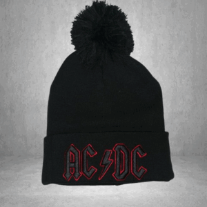 Черна зимна шапка с помпон AC/DC с бродирано лого в червен контур