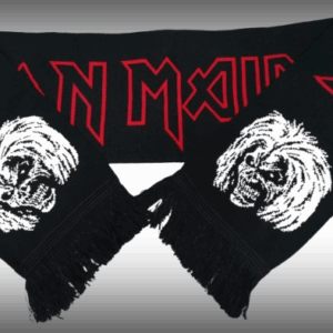 Плетен черен шал Iron Maiden с бели графики на череп и автомати