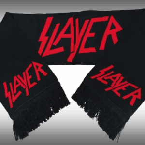 Плетен черен шал Slayer с три големи червени лога и черни ресни в краищата