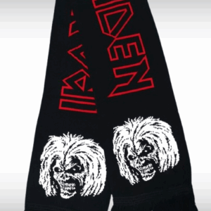Плетен черен шал Iron Maiden с бяла череп-графика и автомати - Hover Image