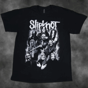 Черна метъл тениска Slipknot с черно-бяла щампа на членовете на групата с маски