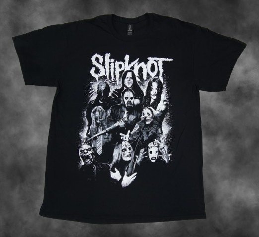 Черна метъл тениска Slipknot с черно-бяла щампа на членовете на групата с маски