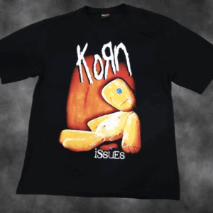 Черна oversize метъл тениска Korn с принт на куклата от албума Issues и бяло лого