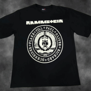Черна метъл тениска Rammstein с голяма кръгла бяла щампа и имената на членовете