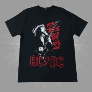 Черна мъжка тениска AC/DC с червено лого и бяла щампа на Ангъс Йънг с китара