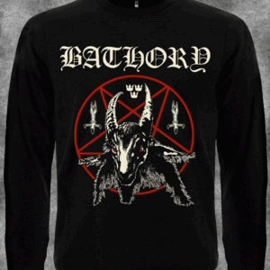 Мъжка черна блуза с дълъг ръкав Bathory с логото и козела в пентаграм.