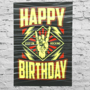 3D пластична картичка за рожден ден с "рок" ръка, светкавици, надписи "Happy Birthday" и "Keep on Rocking"