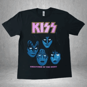 Черна рок тениска KISS с лилаво лого и сини лица на музикантите от албума Creatures of the Night