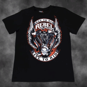 Рокерска тениска Rebel & Pride с двигател, криле и оранжеви детайли
