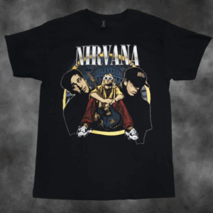 Черна мъжка тениска Nirvana с винтидж щампа на Кърт Кобейн, Крист Новоселич и Дейв Грол