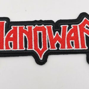 Бродирана нашивка Manowar с червено лого и бял контур за метъл яке.