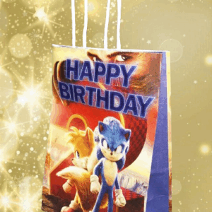 Подаръчна торбичка с принт на Соник, Тейлс и д-р Роботник и надпис "Happy Birthday".