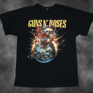 Черна рок тениска Guns N' Roses с цветна щампа на земното кълбо и черепи от турнето 2025
