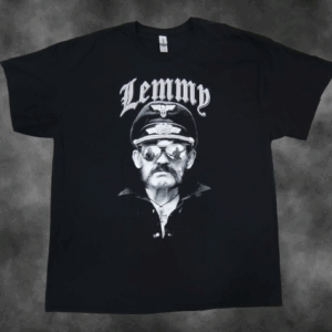 Черна метъл тениска Motorhead с черно-бял портрет на Леми Килмистър с фуражка