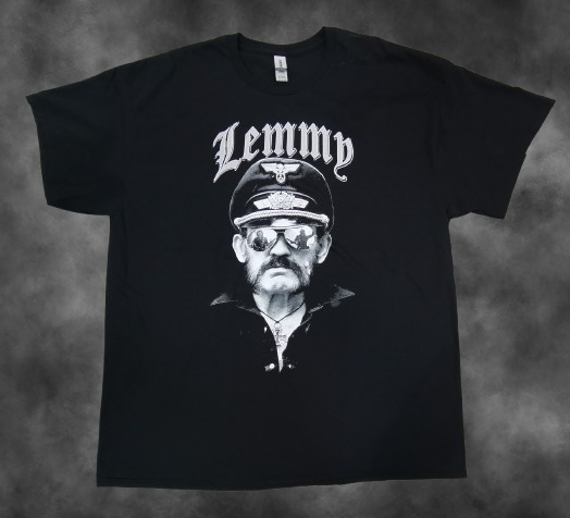 Черна метъл тениска Motorhead с черно-бял портрет на Леми Килмистър с фуражка