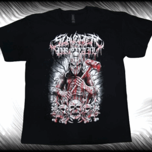 Черна тениска на Slaughter to Prevail с голяма цветна щампа на войн с маска и кървав чук