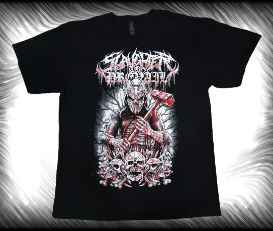 Черна тениска на Slaughter to Prevail с голяма цветна щампа на войн с маска и кървав чук