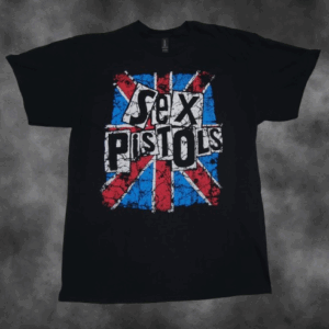 Черна пънк тениска Sex Pistols с лого върху британското знаме Union Jack