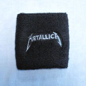 Черен хавлиен накитник за китка с бяла бродерия на логото на Metallica